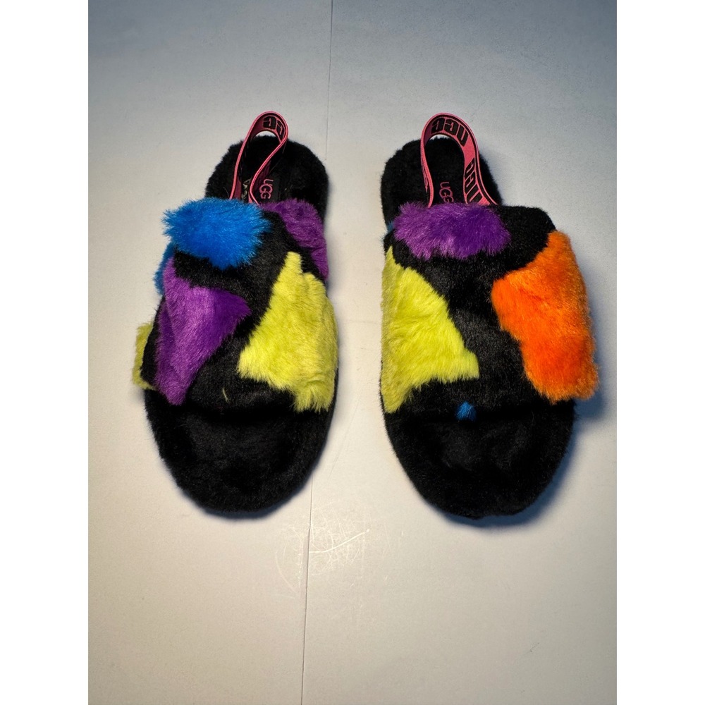 UGG 5 Fluff Yeah Slide Patchwork Colorful Furry Sandal Slippers - Women's - Picture 2 of 8